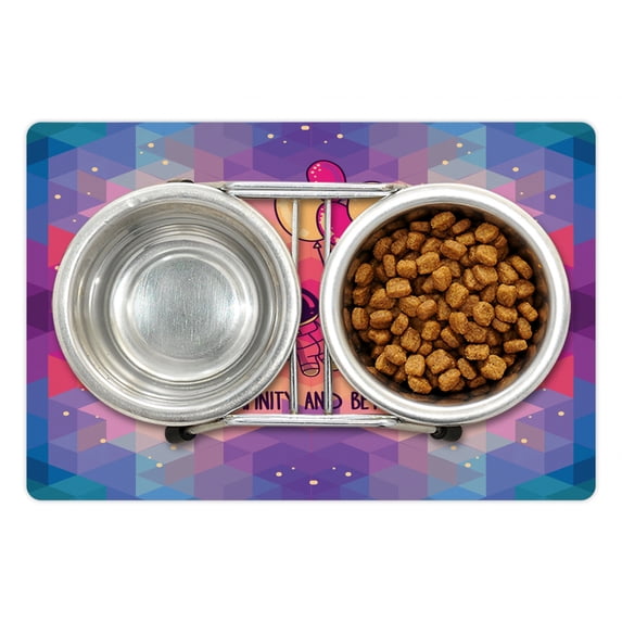 Astronaut Pet Mat for Food and Water, Doodle Astronaut Flying Cubic Space with Baloons to Infinity and Beyond, Non-Slip Rubber Mat for Dogs and Cats, 18" X 12", by Ambesonne