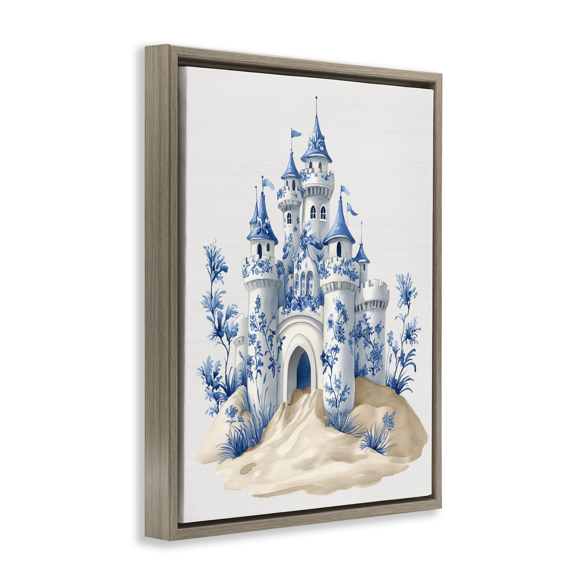 Funky Toile Castle Brown Framed Floater Canvas Wall Art, design by Lettered and Lined