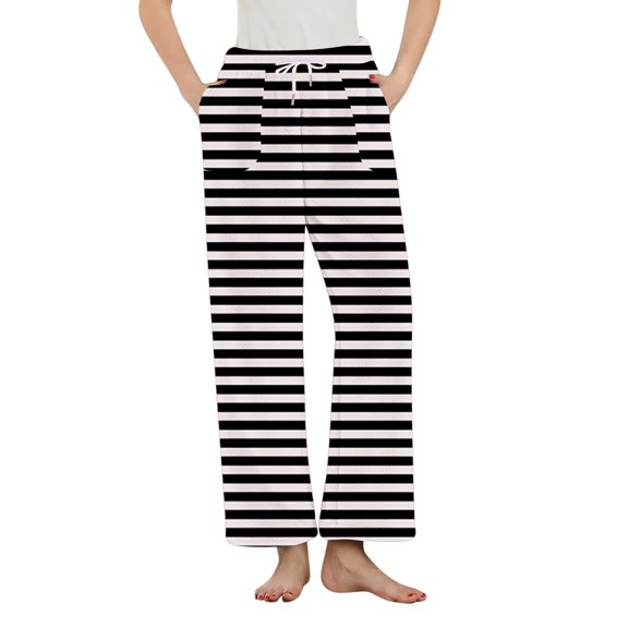 SwiftWear Cozy Striped Lounge Pants for Women - Plush Flannel Sleepwear & Loungewear, Relaxed Fit with Adjustable Waist & Pocket Home Comfort Pajama Pants Black