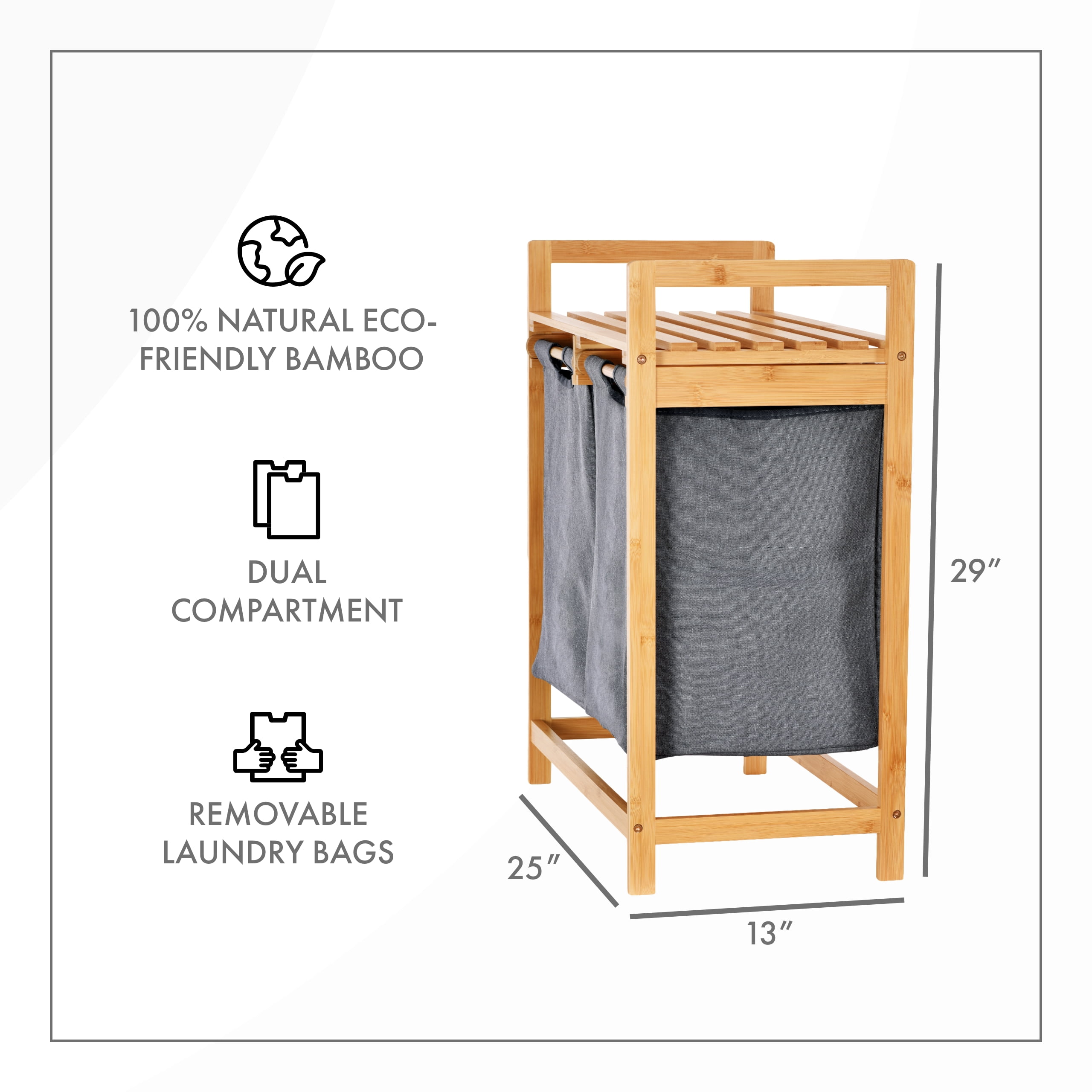 ToiletTree Products Dual Laundry Hamper with Shelf Bamboo Laundry Basket Organizer