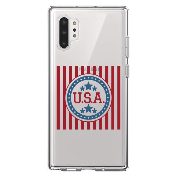DistinctInk Clear Shockproof Hybrid Case for Galaxy Note 10 PLUS (6.8" Screen) - TPU Bumper Acrylic Back Tempered Glass Screen Protector - USA Banner Flag Red White & Blue