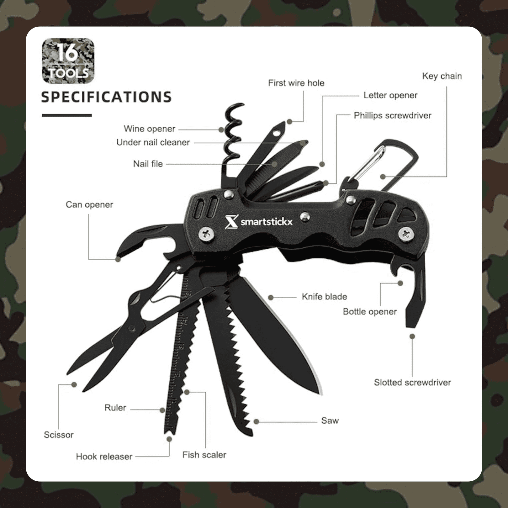 Survival Hunting Knife - 16 in 1 - Black