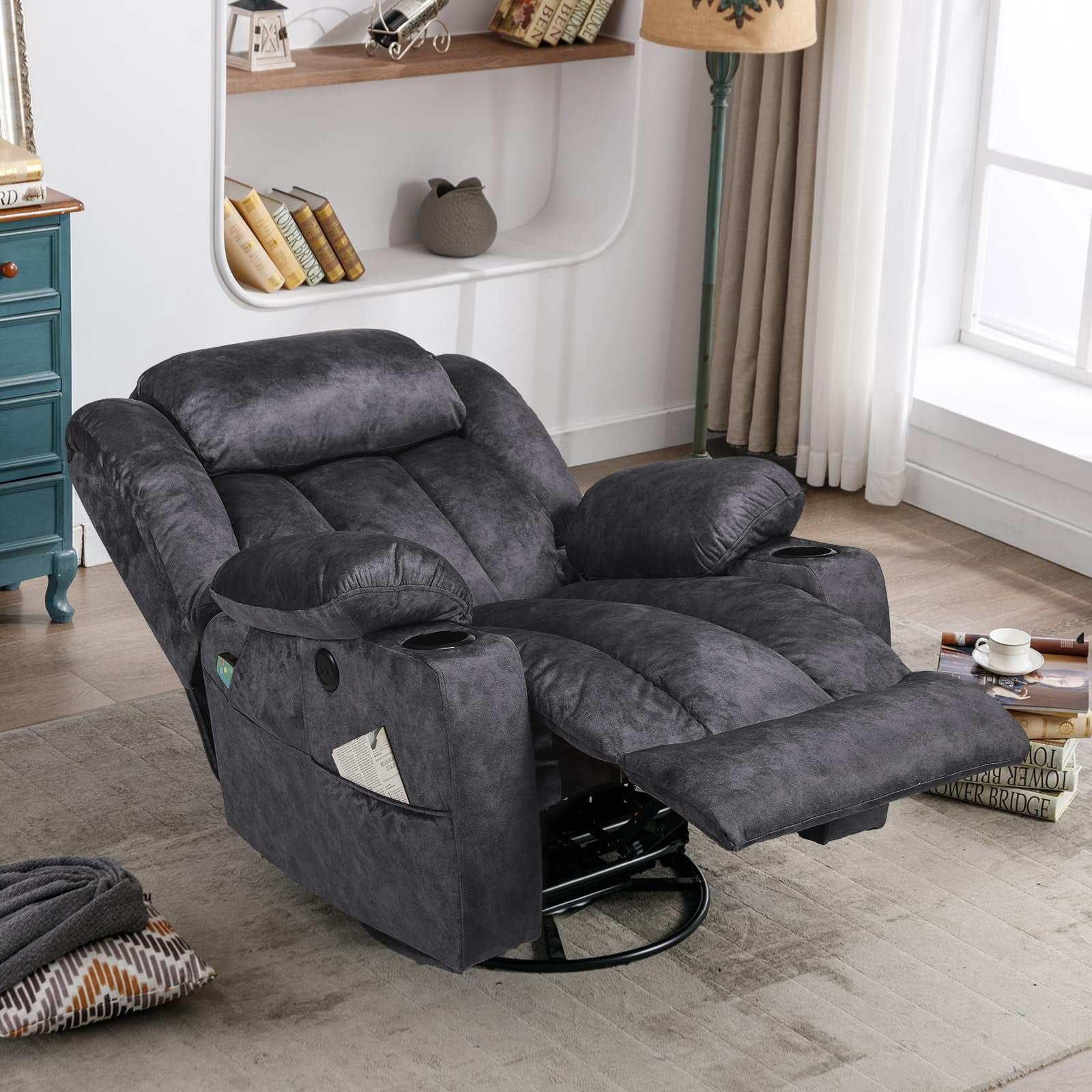Manual Swivel Glider Rocker Recliner Chair with Heated Massage, 360° Swivel Overstuffed Lounge Chair with 2 Cup Holders, Side Pockets & USB Ports for Living Room, Fabric Gray