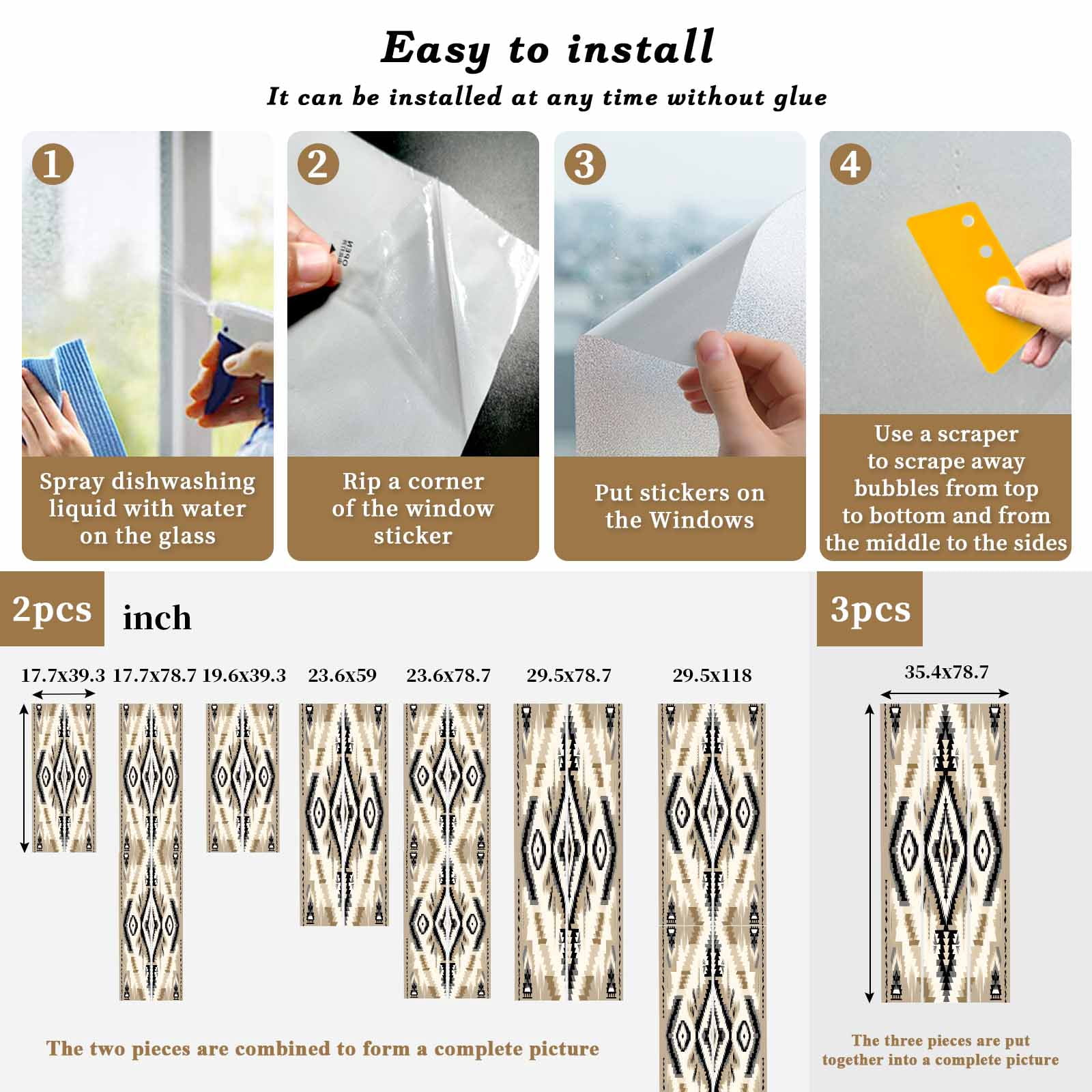 Boho Black Brown Window Privacy Film, Southwestern Geometric Ethnic Retro Static Cling UV Sun Blocking Heat Control Window Tint Day and Night, Non-Adhesive One Way Windows Privacy Cover 17.7''x78.7''