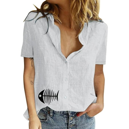 

KI-8jcuD Off The Shoulder White Top Ladies Cotton Linen Casual Loose Personality Printed Lapel Button Short Sleeve Women Shirt Loose T Shirts Tops for Women Womens T Shirt Short Sleeve Scrub Jackets