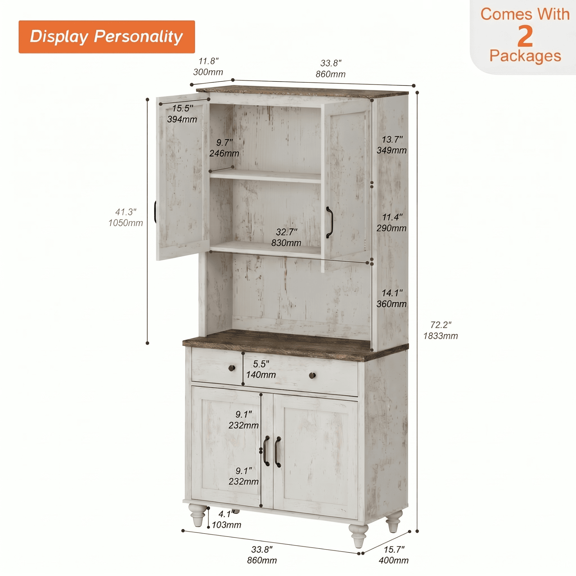 72"H × 34"W Farmhouse Wooden Library Bookcase with Spacious Storage Cabinet, Freestanding Bookshelf for Living Room, Office & Study Room, Rustic white