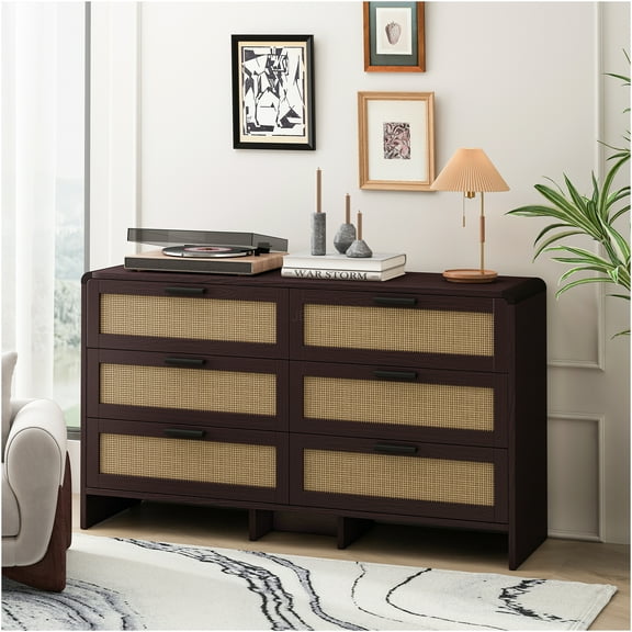 JERFIT 51.18" Arc Corner Storage Cabinet with 6 Rattan Drawers, Reddish Brown Particle Board Dresser for Bedroom, Living Room & Kitchen