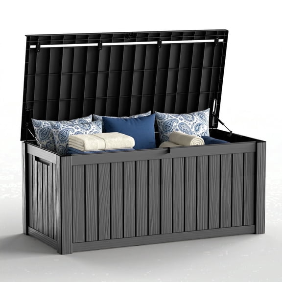 Joxxoaa 120 Gallon Large Lockable Deck Box, Heavy-Duty Resin Outdoor Storage for Patio Furniture, Garden Tools & Pool Toys, Black/Gray,Independence Day