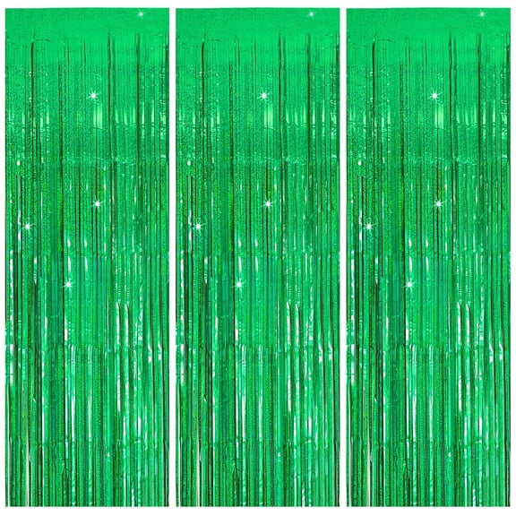 Green Metallic Tinsel Foil Fringe Curtains, 3 Pack 3.3x6.6 Feet Party Streamer for Birthday Bachelorette Party Decorations