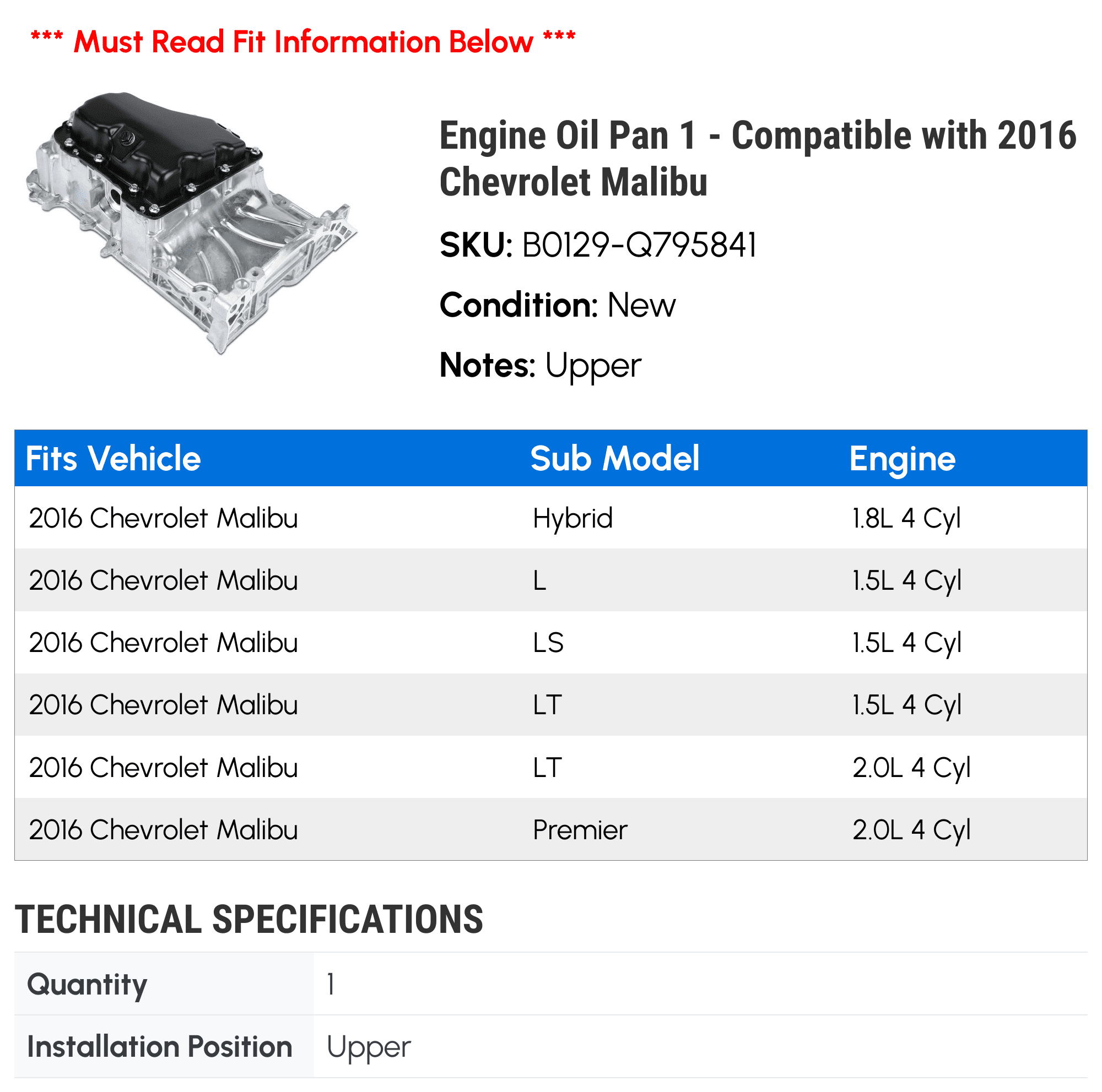 Engine Oil Pan 1 - Compatible with 2016 Chevrolet Malibu - Autopart Premium