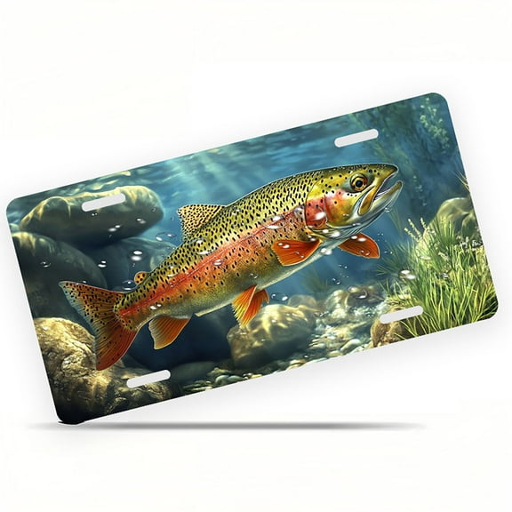 Trout in Stream Front License Plate, Metal License Plate, Funny Standard Plates Personalized Novelty Decorative For Men/Women/Boys/Girls Car 6×12 Inch