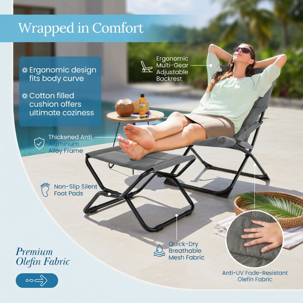 Hommoo Folding Sling Patio Chair with Ottoman Footrest & Removable Cushion, Weather-Resistant Outdoor Lounge Set for Backyard, Balcony, Poolside, Gray