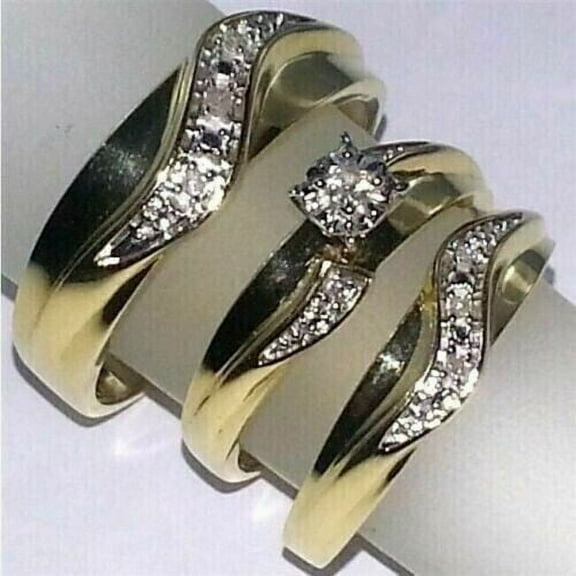 Hitanshu Jewels 3Ct Round Cut CZ 14K Yellow Gold Plated His/Her Trio Ring Set