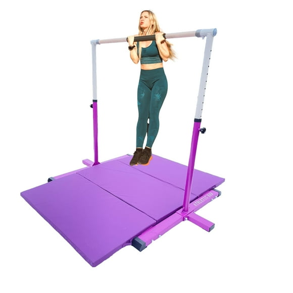 GymPros Barre de Gymnastique Extensible Kip Bar avec Ensemble de Tapis de Gymnastique pour Enfants 6'x4', Hauteur Réglable 3 à 5 Pieds Barre Horizontale Gymnaste Junior Professionnel Barre de Gymnastique Barre Asymétrique Violet