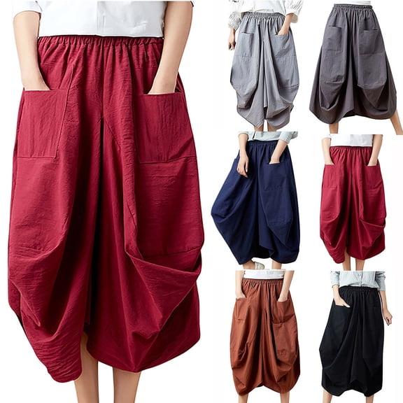 Paiwinds Women's Elastic Waist Solid Cotton Linen Loose Long Lantern Skirt with Adjustable Fit, Soft Breathable for Casual Summer