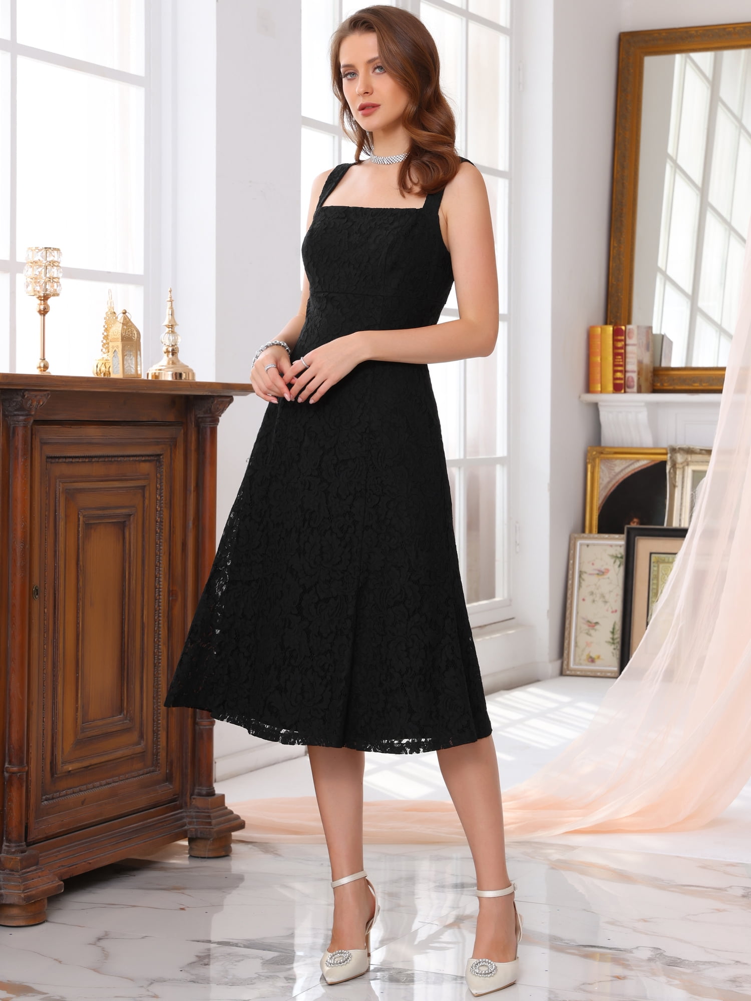 DARING DIVA Women's Lace Prom Straps Square Neck Sleeveless Midi Dress M Black