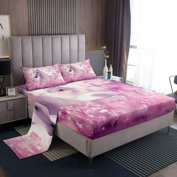 Horse Bed Sheets Set Pink Butterfly Twin Sheet Set, Dreaming Pink Pastel Sheets Chic Floral Flower Bed Set, Magical Unicorn Flat Sheet Bedroom Decor