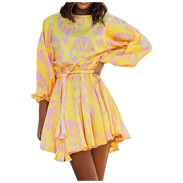 Falda corta de cuello redondo de manga media con estampado delgado de verano informal a la moda para mujer Pompotops ghjkhdj12856