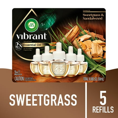 Air Wick Vibrant Plug-In Scented Oil Air Freshener Warmer Refills, Sweetgrass and Sandalwood, 5 Count