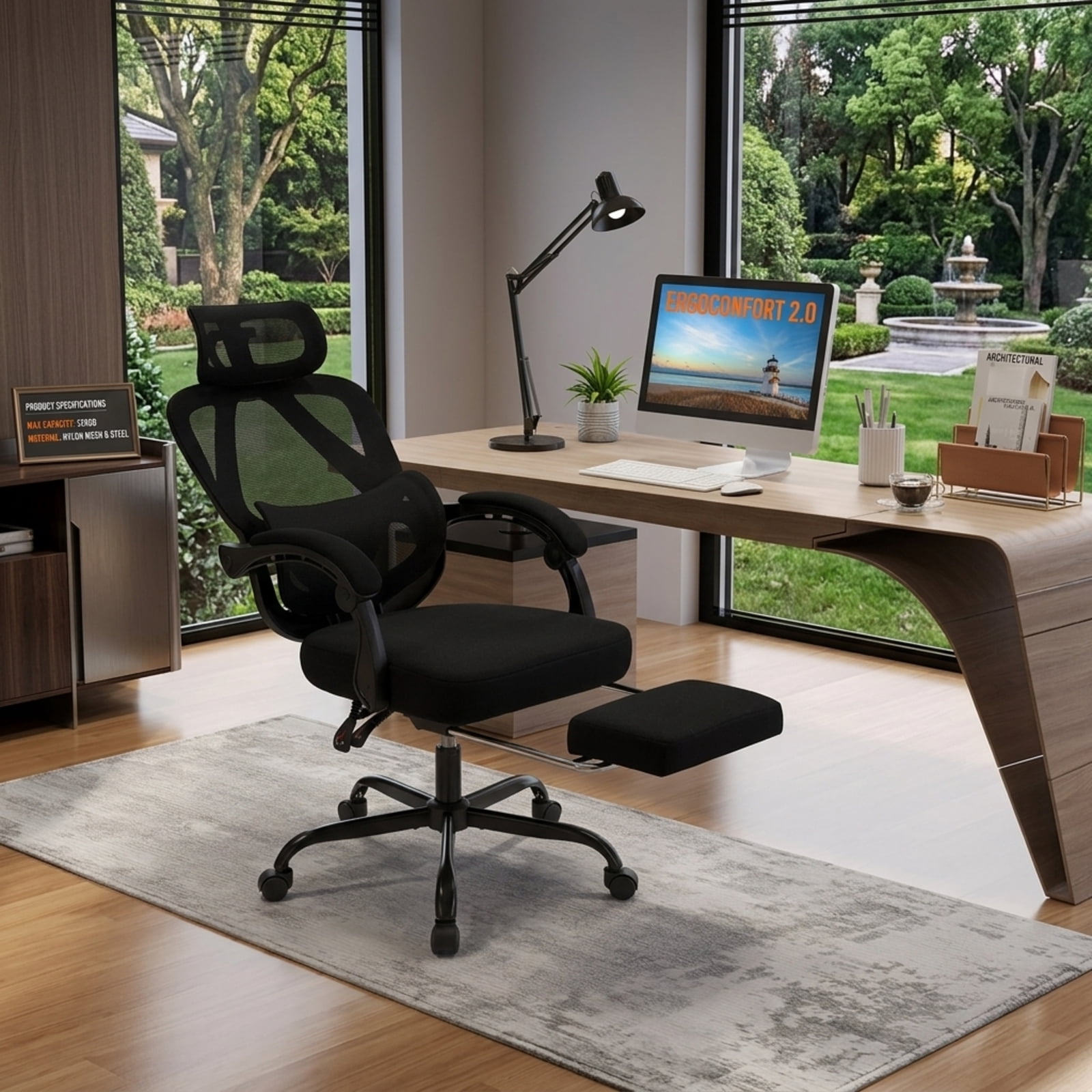 Furnibear Ergonomic Office Chair High Back Mesh Desk Chair with Retractable Footrest Adjustable Headrest and Lumbar Support, Black