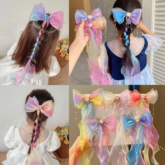 Mesh Gradient Bow Hair Clip for Little Girls Children’s Hair Accessory with Ribbon Tassels Cute Mesh Bow Headband and Braided Hairpiece for Parties or Daily Wear Weekly Price Drops & Special Offers