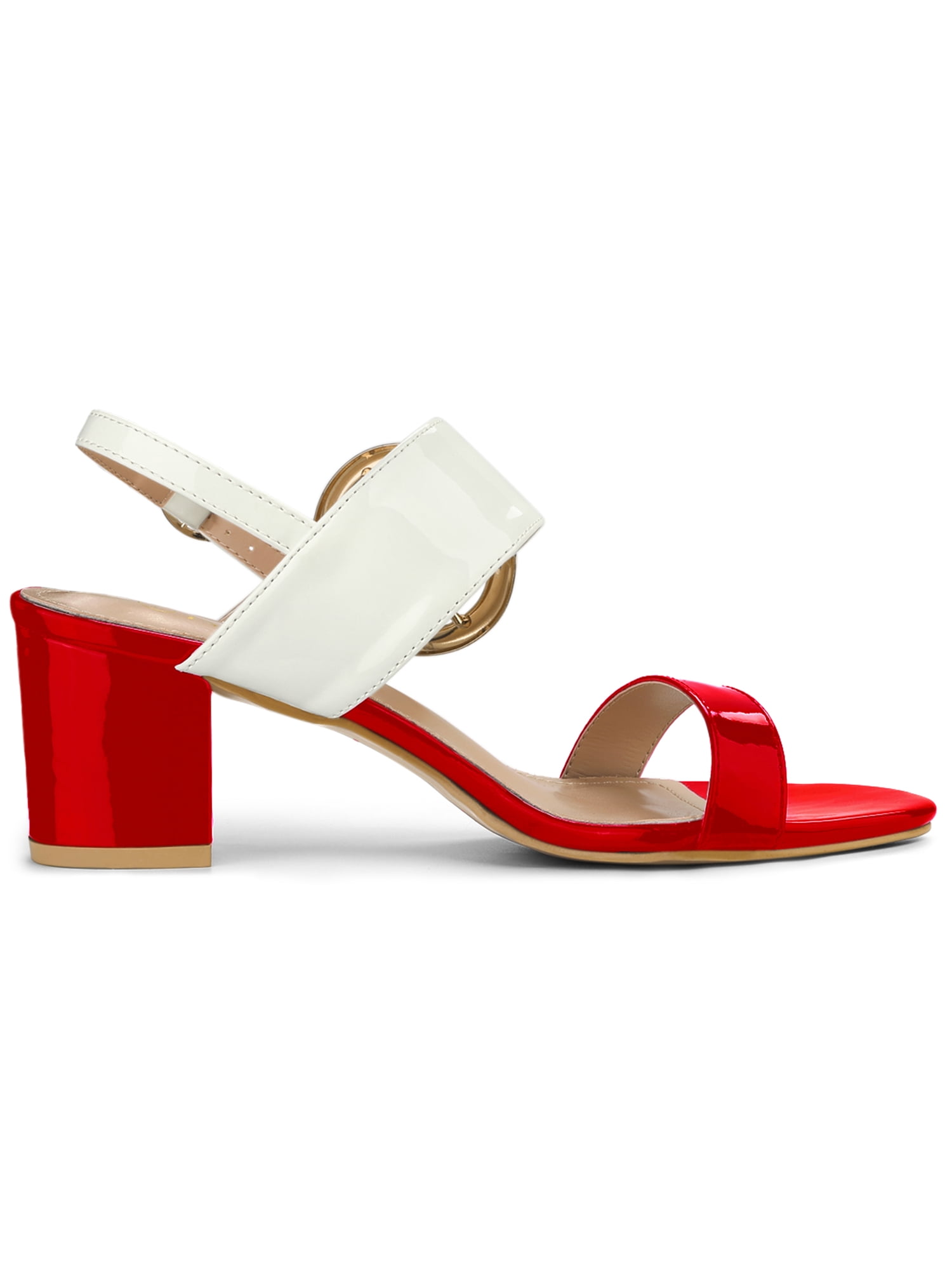DARING DIVA Women's Slingback Block Heel Sandals with Buckle Decor Red White 7