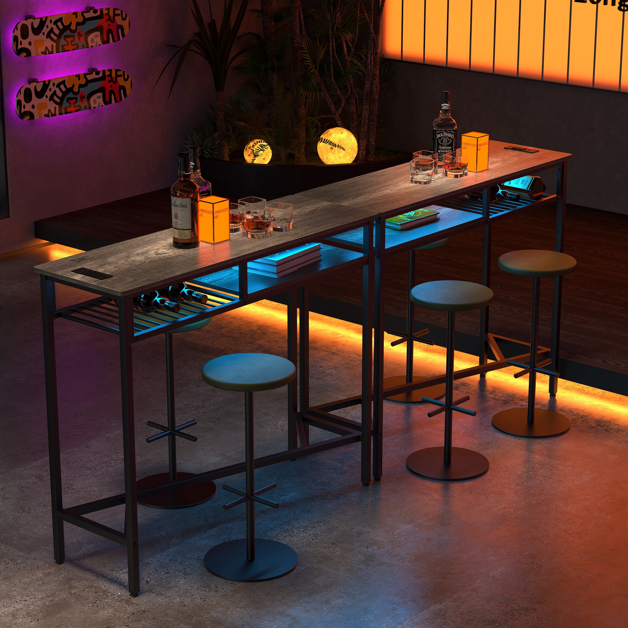 Yoneston 47.25" Bar Table with Charging Station, Rectangular High Kitchen Dining Counter Table with 2 Storage Shelves for Living Room Office Balcony, Black Oak