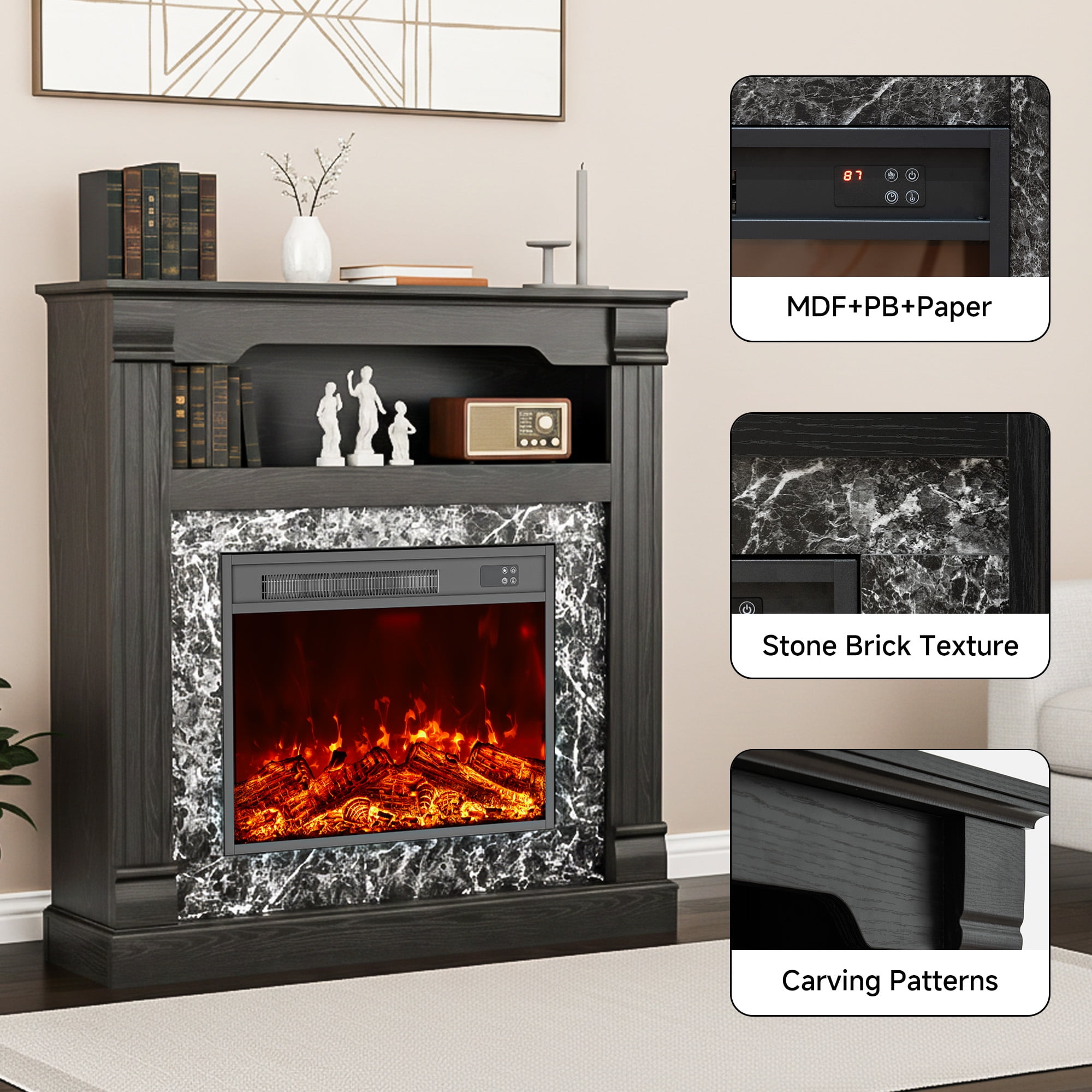 LIGHTINN 40" Freestanding Electric Fireplace With Mantel for Small to Medium Space, Overheat Protection & 3D Flame Effect with Remote Control, Black