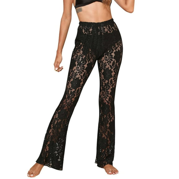 REALiKUN Women’s High Waist Rave Mesh Sheer Pants Flared Bell Bottom Pants Festival Dance Clubwear