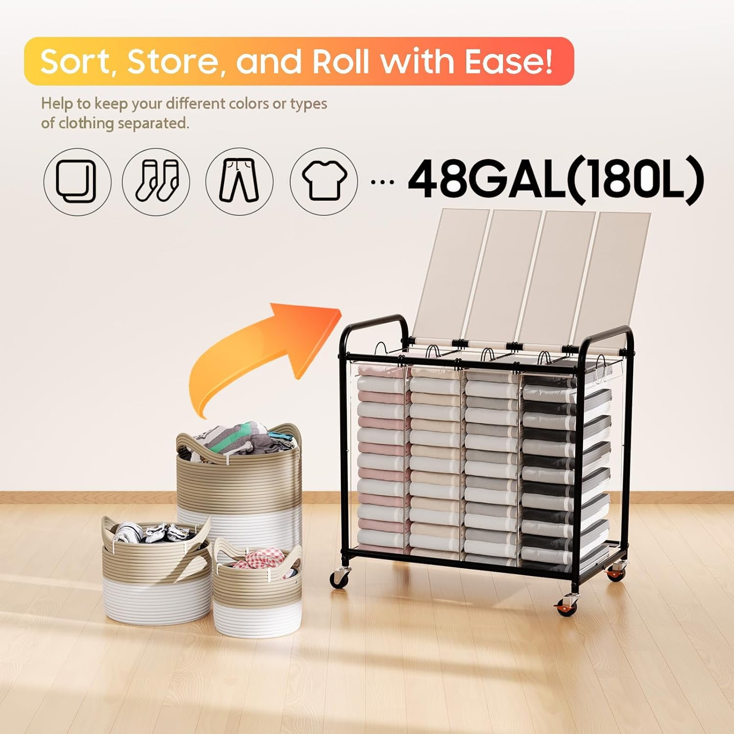 Laundry Sorter 4 Sections 48 Gal, Rolling Laundry Basket with Lockable Wheels and Lid, Laundry Hamper with 4 Separated Removable Bags Dirty Clothes Hamper for Laundry Room Organizer, White