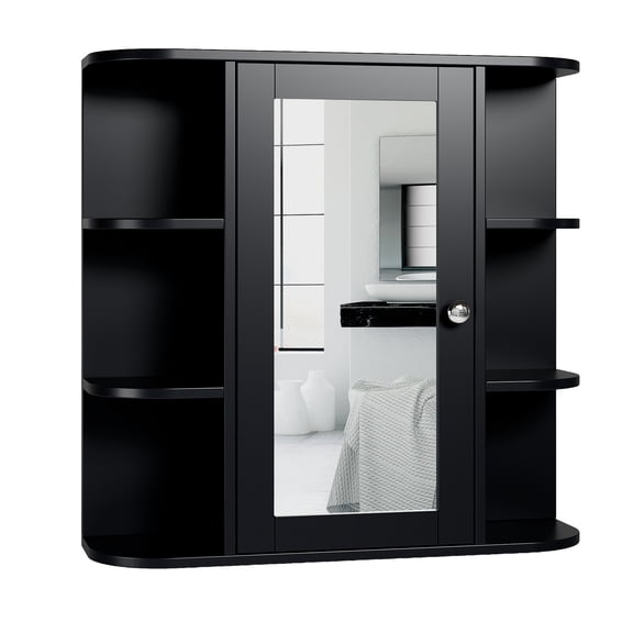 Ktaxon Wooden Bathroom Medicine Cabinet with Mirror Door & 8 Shelves, Wall Mounted Storage Organizer, Black