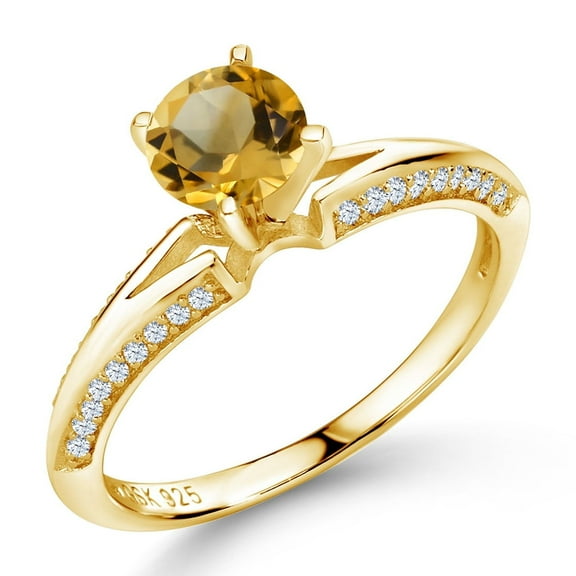 Gem Stone King 1.38 Ct Round Yellow Citrine 18K Yellow Gold Plated Silver Ring (Size 9)