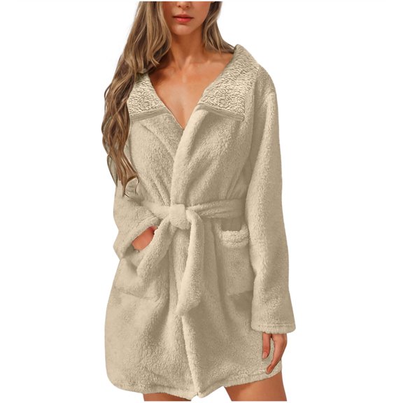FAIWAD Women's Plus Size Plush Robe Fleece Short Bath Robe with Pockets Collar Lounge Nightgown