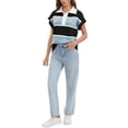 thumbnail image 2 of ATHLECHIC Suéter sin mangas casual para mujer, con cuello en V, botones, de rayas, suéteres cortos y sueltos, M Negro Azul, 2 of 5
