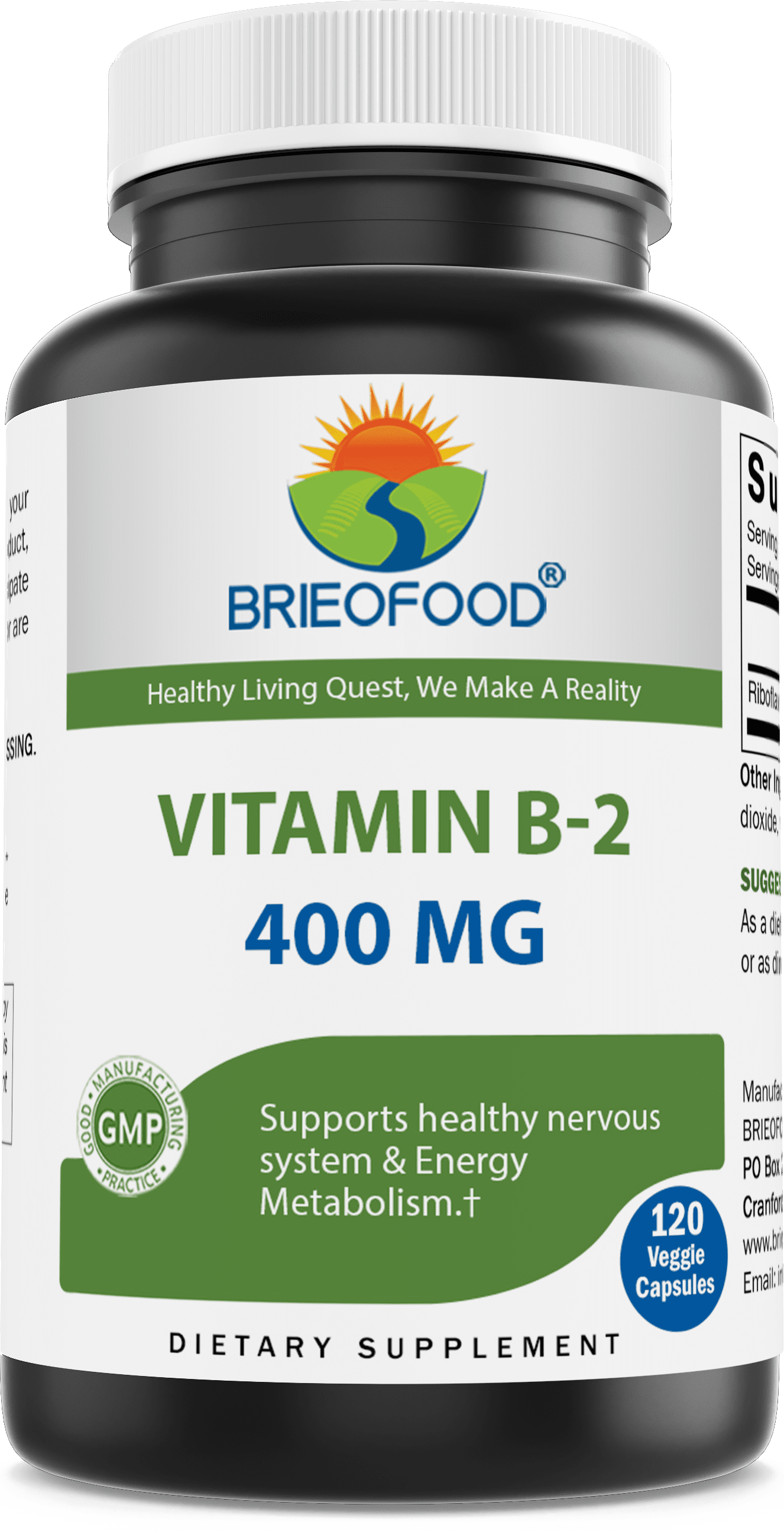 Brieofood Vitamin B2 (Riboflavin) 400mg, 120 Veggie Capsules Gluten