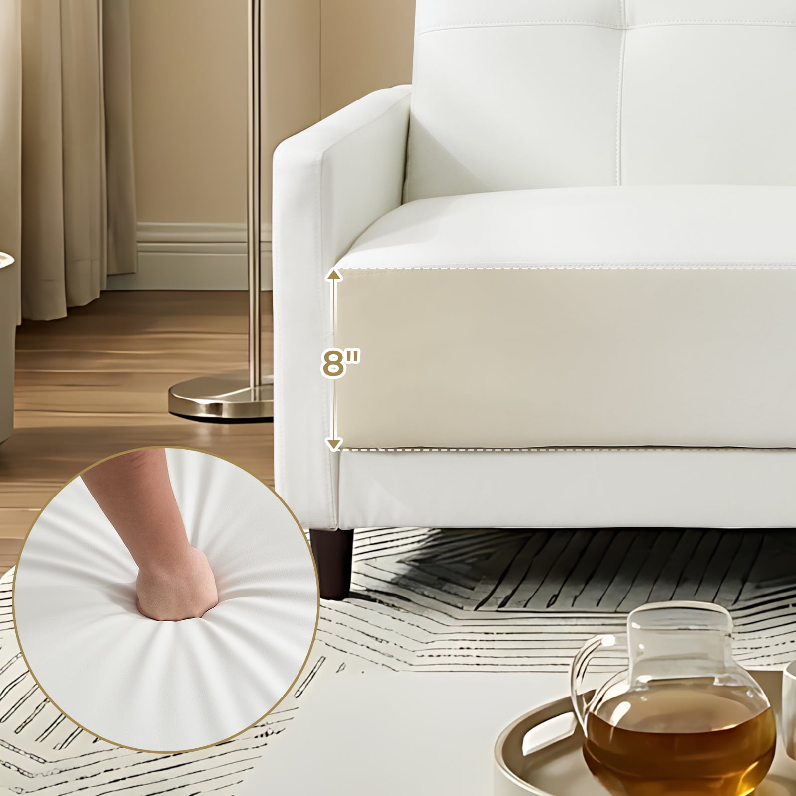 Ebello 76" Convertible Futon Sofa Bed, Mid Century Modern Faux Leather Loveseat Sofa Couch with Adjustable Backrest for Living Room & Office, White