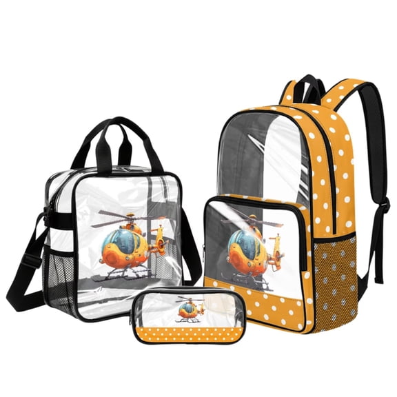 LedBack Airplane Polka Dots Print Clear Backpack Set for Boys Waterproof School Transparent PVC Bookbag with Matching Lunch Bag & Pencil Case Heavy Duty Backpacks for Kids, Orange