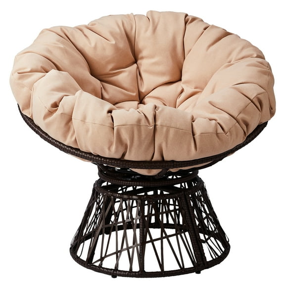 38" Swivel Wicker Papasan Chair with Thick Tufted Cushion, 360 °   Rotating Bowl Lounge Chair with Ergonomic Rattan Frame for Living Room, Bedroom, Reading Nook – Beige Cushion