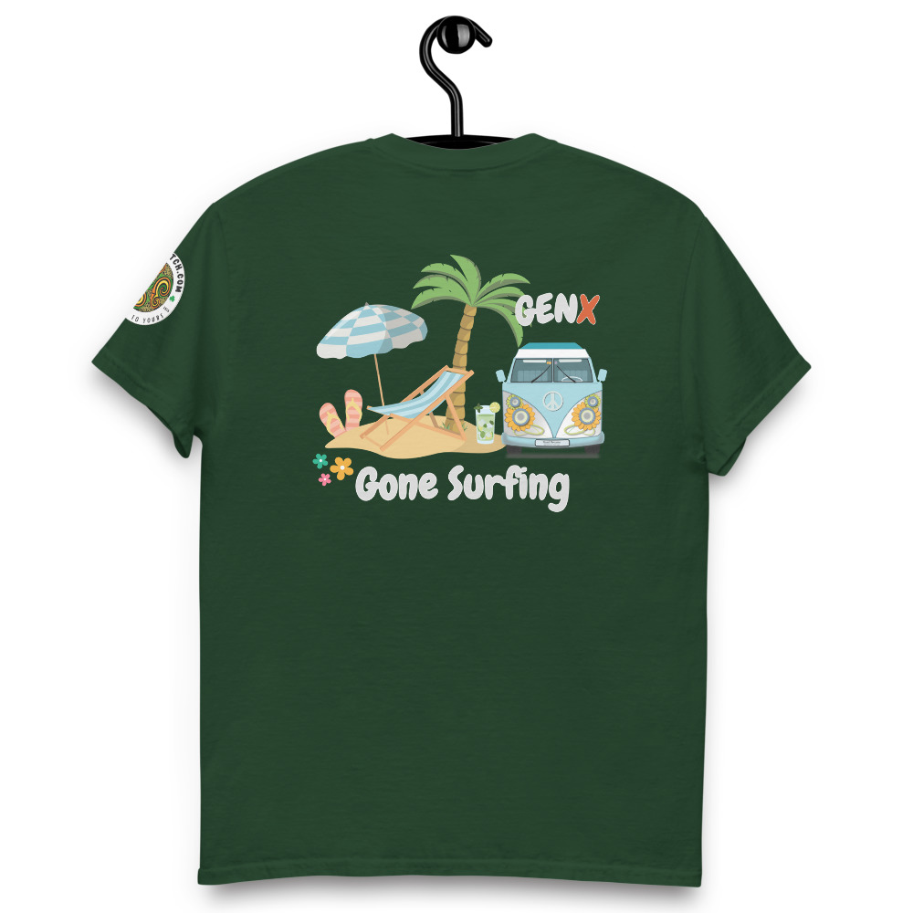 Gen X Gone Surfing – Retro Beach Vibes T-Shirt (Forest Green, M)