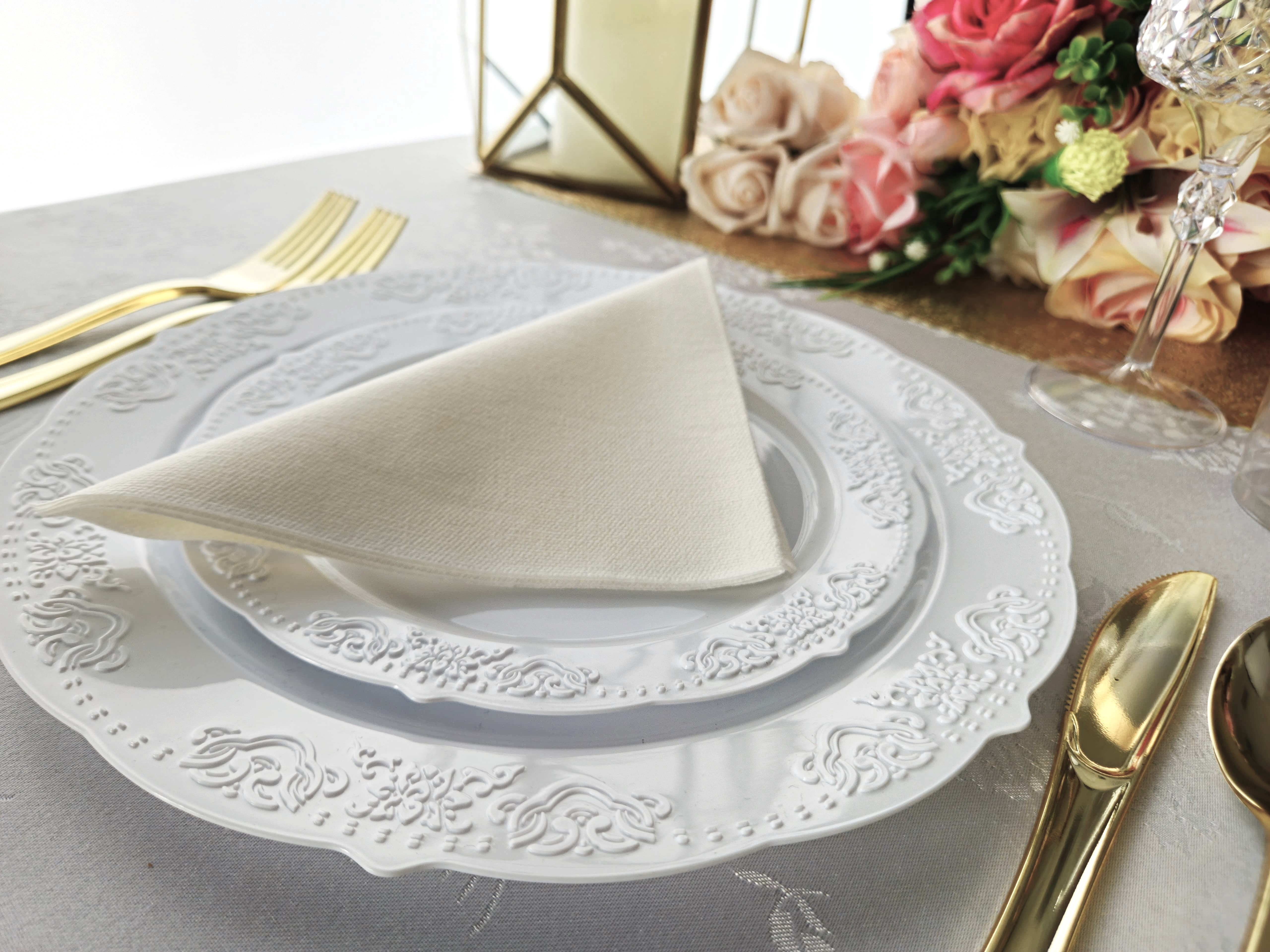 " OCCASIONS " 100 Plates Pack,(50 Guests) Vintage Wedding Party Disposable Plastic Plates Set -50x10.25'' Dinner + 50x7.5'' Salad/Dessert Plate (Portofino Plain White)