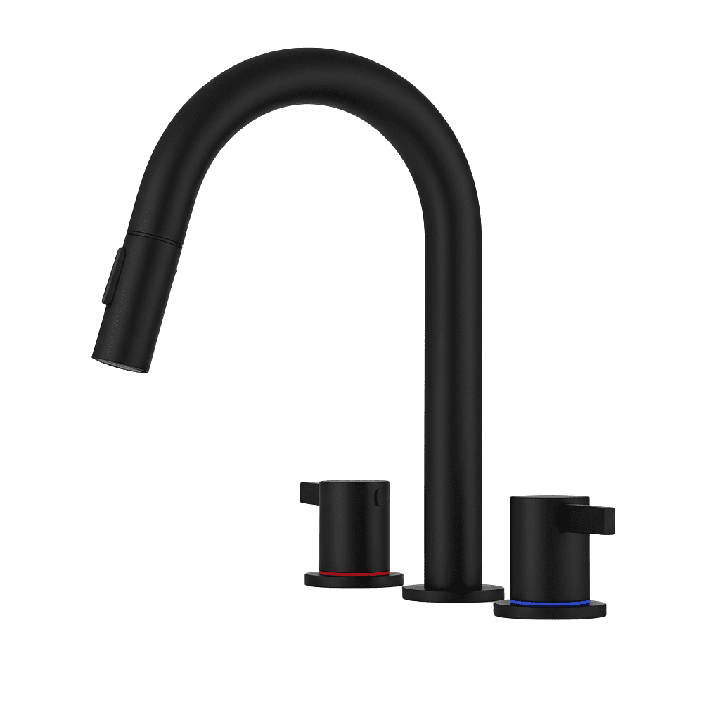Matte Black 3-Hole Bathroom Faucet, Dual 304 Stainless Steel Handles, Lead-Free Ceramic Valve, 2.2 GPM Pull-Out Sprayer Sink Faucet