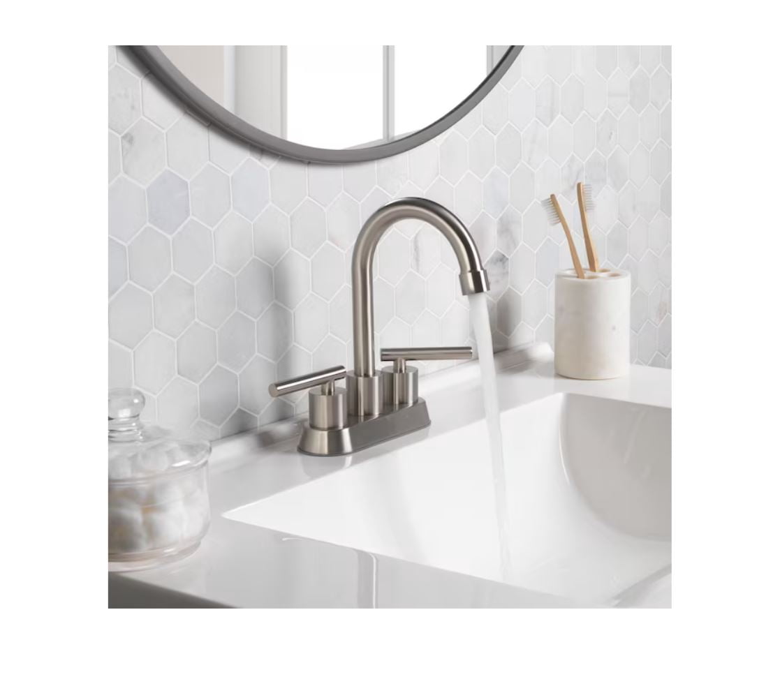 Project Source Larton Brushed Nickel 4-in centerset 2-handle WaterSense High-arc Residential Handle Bathroom Sink Faucet with Drain with Deck Plate