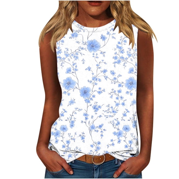 Staron Summer Casual Printed Sleeveless Round Neck Tank Top Blouse Basic Comfy Loose Fit Vacation Beach Party, L