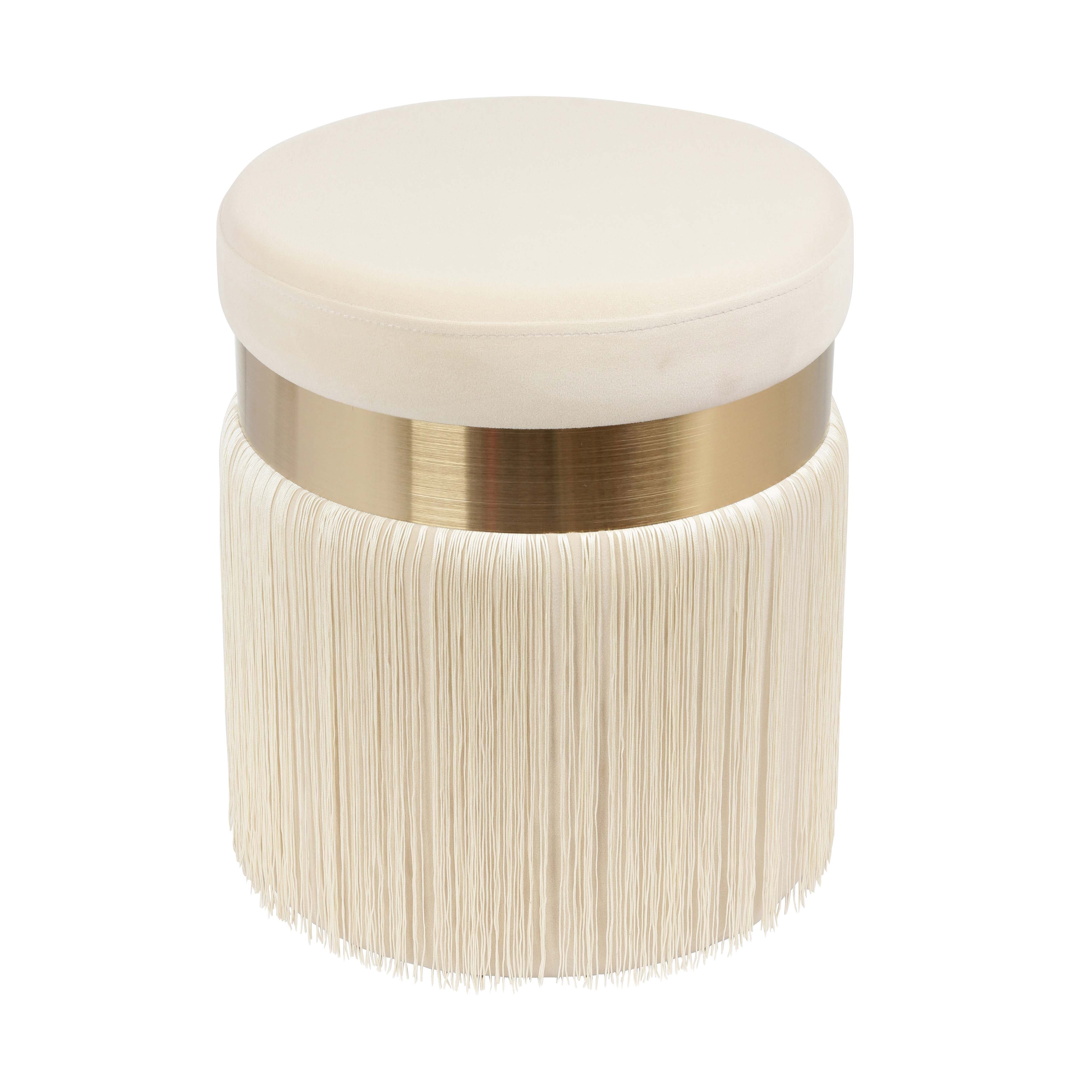 TOV Furniture Melody Cream Tasseled Ottoman with Brass Band