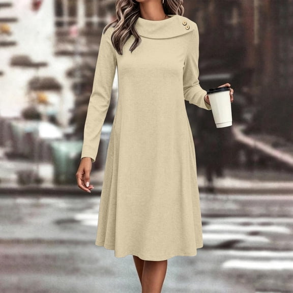 Ynynloco Fall A Line Dresses for Women 2026 Crew Neck Long Sleeve Casual Loose Flowy Swing Midi Dress