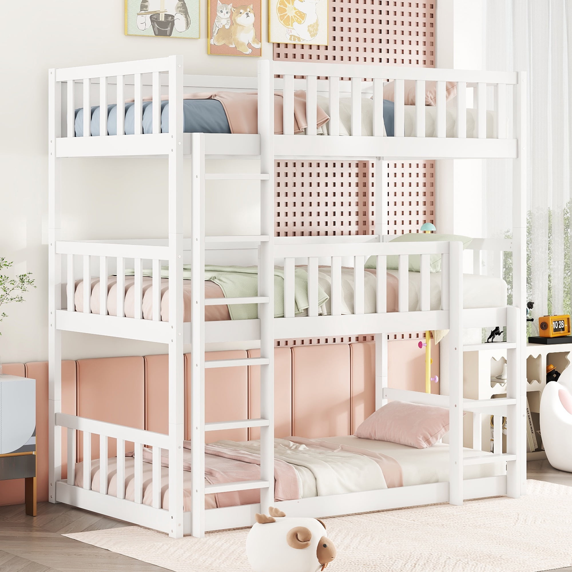 Sailvan Twin Size Triple Bunk Bed, with Ladders Guardrails,Detachable Bunk Bed, Twin over Twin over Twin,Rubber Wood