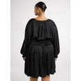 thumbnail image 3 of Scoop Women's and Women's Plus Crinkle Satin V-Neck Shirred Mini Dress with Long Sleeves, Sizes XS-4X, 3 of 5
