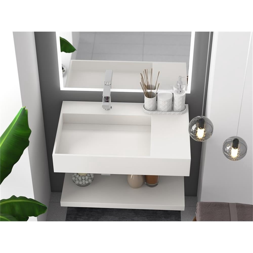 Pemberly Row 30" Solid Surface Left Basin Bathroom Sink in White