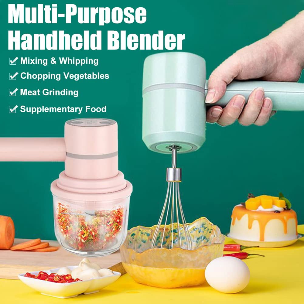 Cordless Electric Hand Mixer and Food Chopper 2-in-1 Portable Whisk with 300ml Glass Bowl, Green, 1-Piece