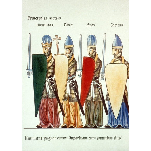 Four Virtues, 12Th Century. /Nwarriors, Or 4 Virtues. Manuscript Illumination From A Hortus Delicarum, Alsace, Late 12Th Century. Poster Print by  (24 x 36)